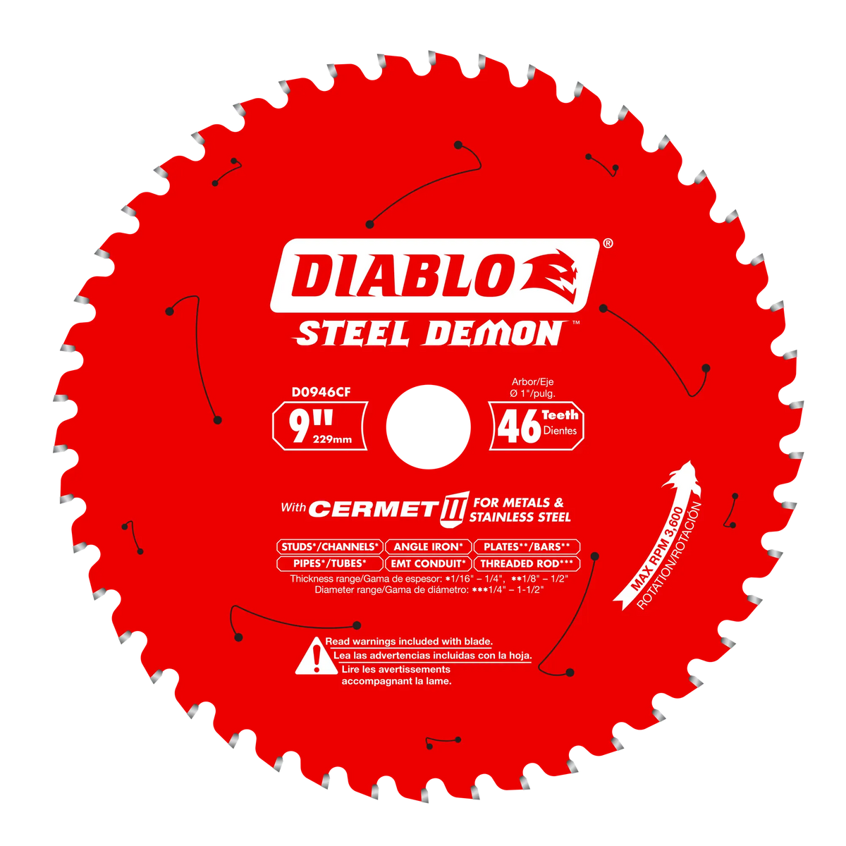 Front view of a red Diablo Steel Demon 9 inch 46 teeth Cermet II circular saw blade model D0946CF for cutting ferrous metals and stainless steel showcasing structural specifications laser cut vents a 1 inch arbor and a maximum speed of 3600 RPM against a white background.