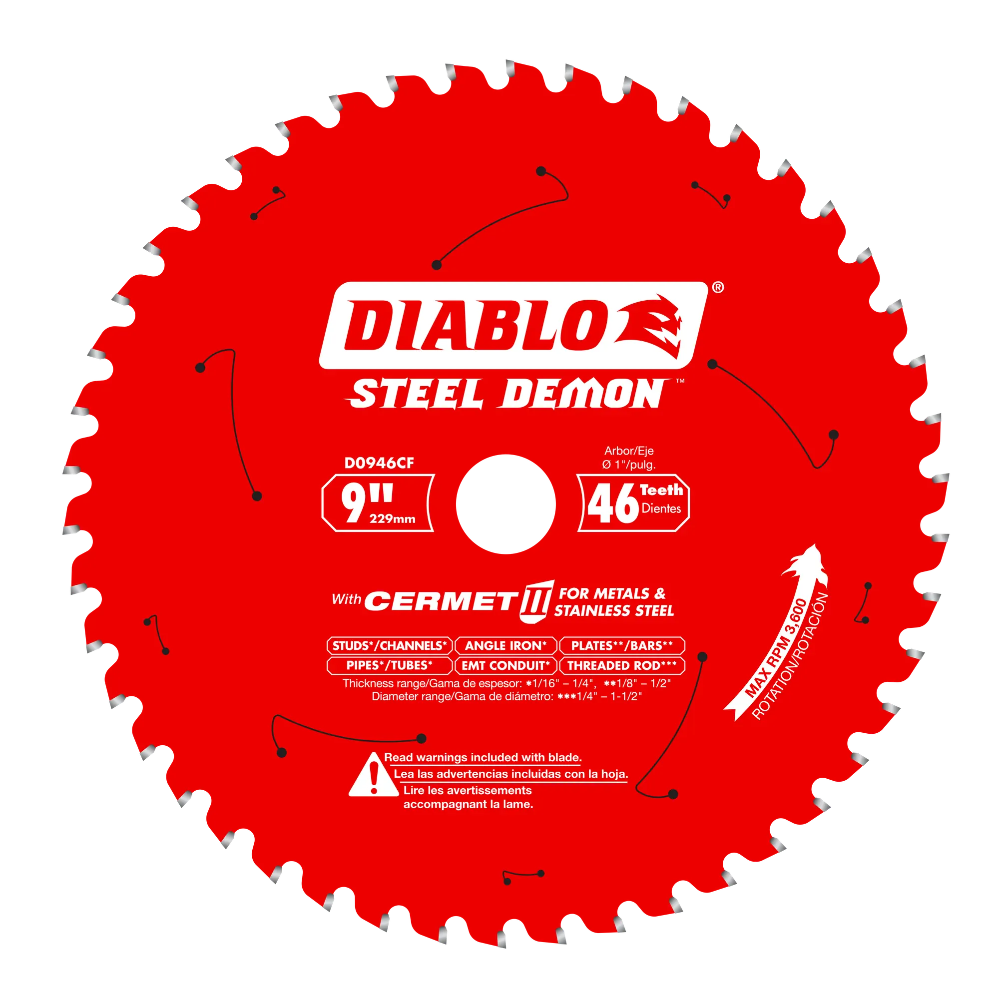 Front view of a red Diablo Steel Demon 9 inch 46 teeth Cermet II circular saw blade model D0946CF for cutting ferrous metals and stainless steel showcasing structural specifications laser cut vents a 1 inch arbor and a maximum speed of 3600 RPM against a white background.