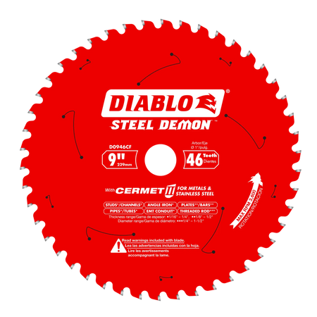 Front view of a red Diablo Steel Demon 9 inch 46 teeth Cermet II circular saw blade model D0946CF for cutting ferrous metals and stainless steel showcasing structural specifications laser cut vents a 1 inch arbor and a maximum speed of 3600 RPM against a white background.