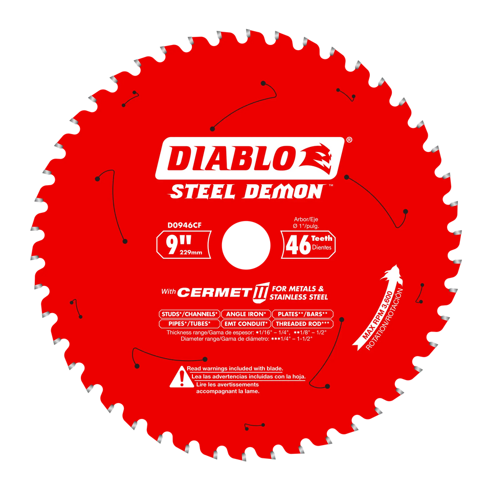 Front view of a red Diablo Steel Demon 9 inch 46 teeth Cermet II circular saw blade model D0946CF for cutting ferrous metals and stainless steel showcasing structural specifications laser cut vents a 1 inch arbor and a maximum speed of 3600 RPM against a white background.