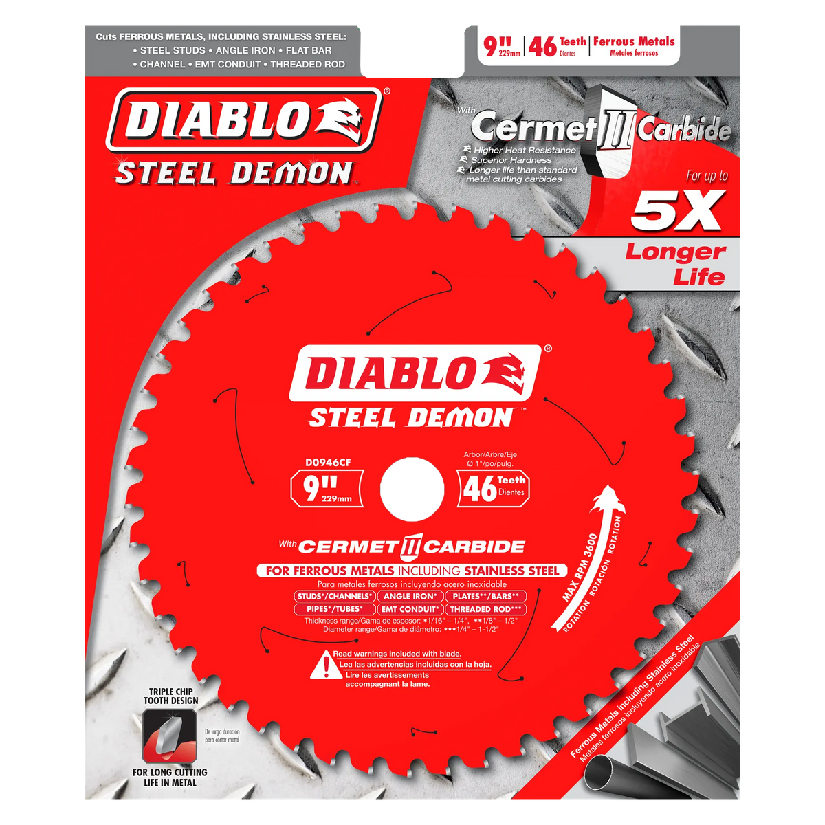 Product packaging for the Diablo Steel Demon 9 inch 46 teeth metal cutting circular saw blade highlighting Cermet II Carbide technology up to 5X longer life compared to standard metal cutting carbides and compatibility with low RPM metal saws on a diamond plate metallic background.