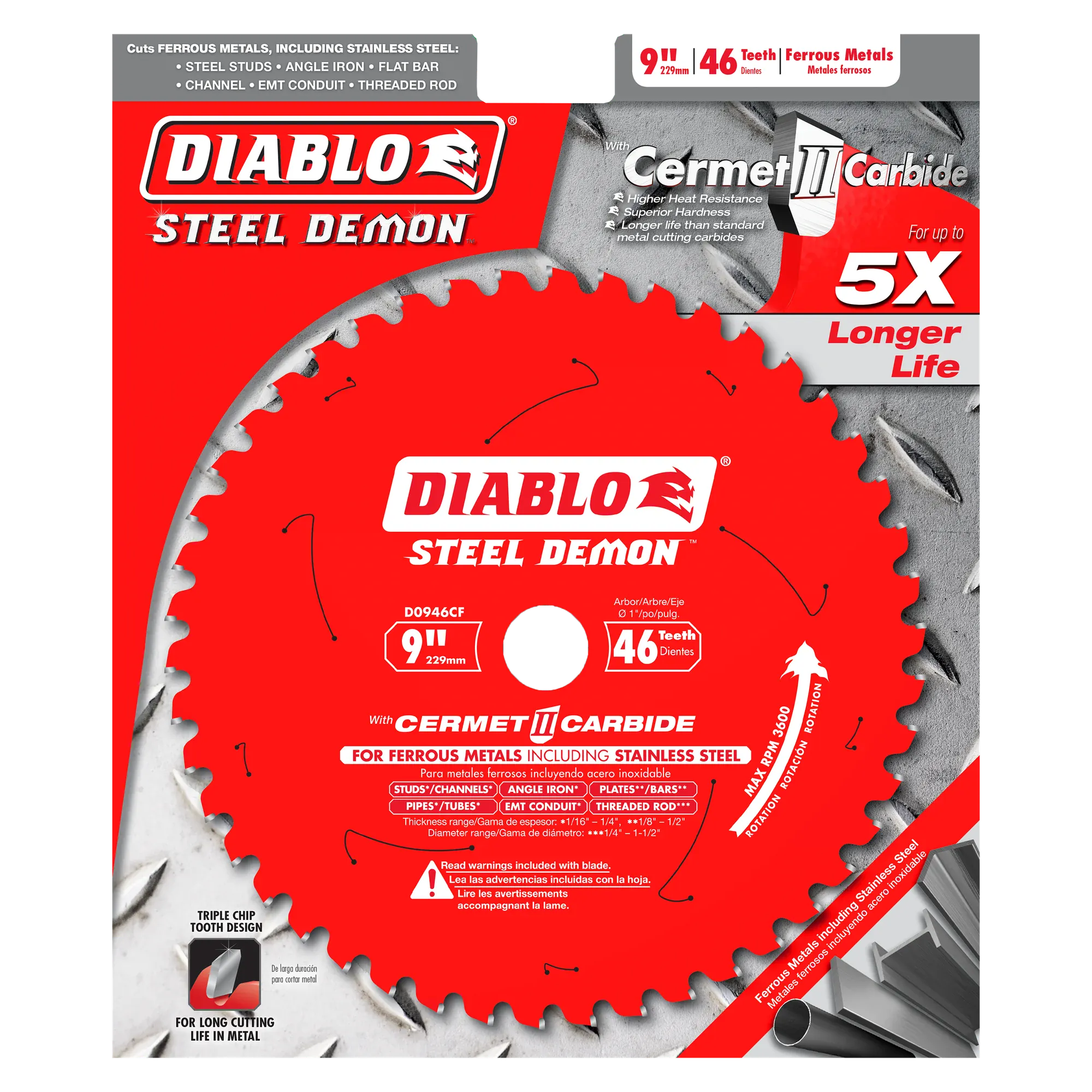 Product packaging for the Diablo Steel Demon 9 inch 46 teeth metal cutting circular saw blade highlighting Cermet II Carbide technology up to 5X longer life compared to standard metal cutting carbides and compatibility with low RPM metal saws on a diamond plate metallic background.