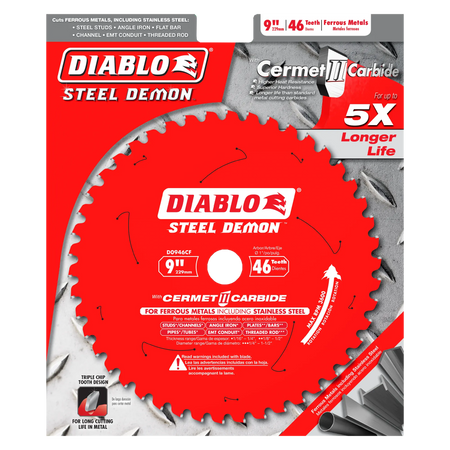 Product packaging for the Diablo Steel Demon 9 inch 46 teeth metal cutting circular saw blade highlighting Cermet II Carbide technology up to 5X longer life compared to standard metal cutting carbides and compatibility with low RPM metal saws on a diamond plate metallic background.
