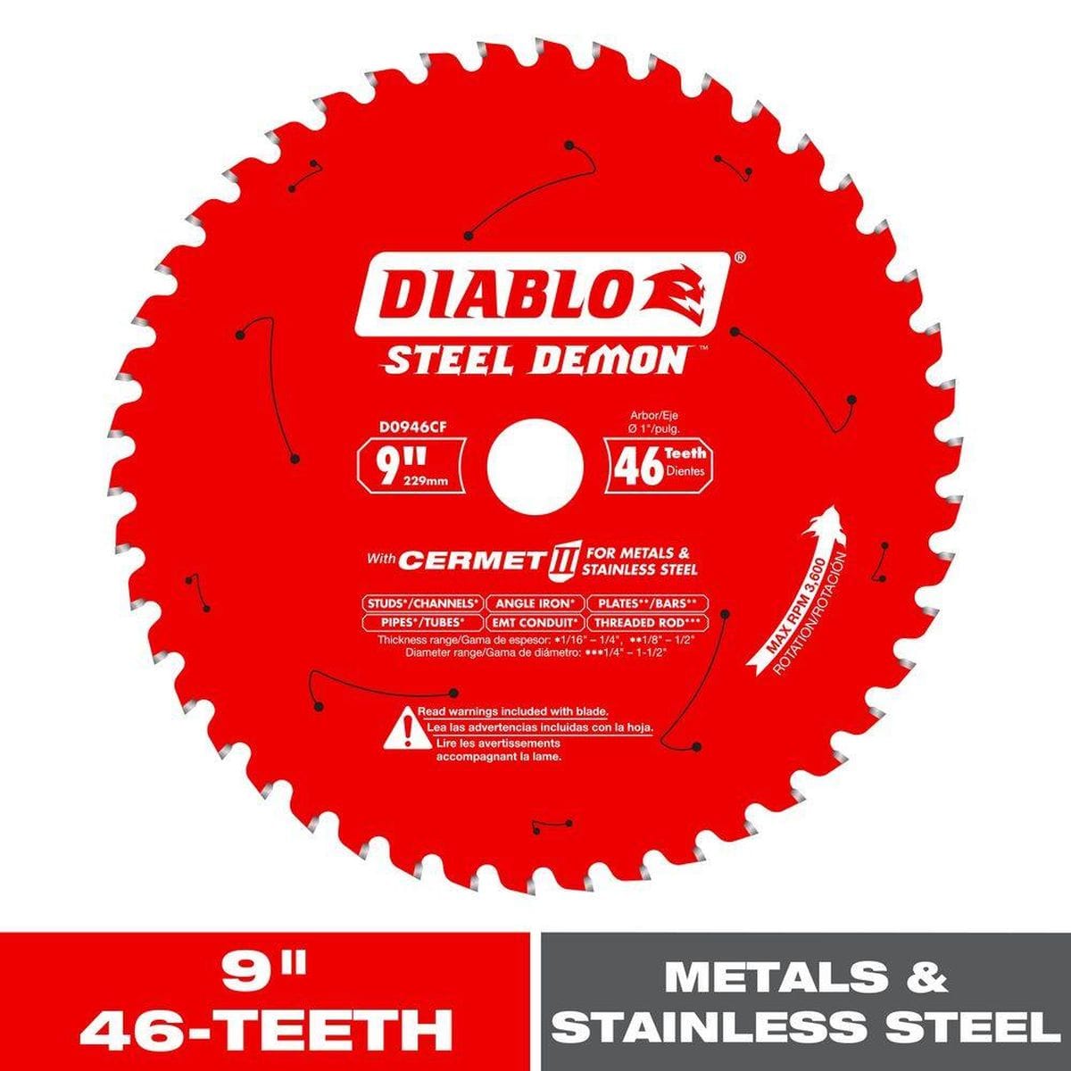 Diablo Steel Demon D0946CF 9 inch 46 teeth metal and stainless steel cutting circular saw blade shown with a prominent lower banner stating 9 inch 46 teeth metals and stainless steel highlighting the bright red blade body and premium silver carbide teeth.