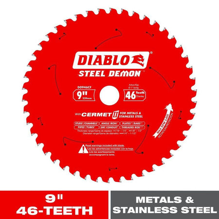 Diablo Steel Demon D0946CF 9 inch 46 teeth metal and stainless steel cutting circular saw blade shown with a prominent lower banner stating 9 inch 46 teeth metals and stainless steel highlighting the bright red blade body and premium silver carbide teeth.