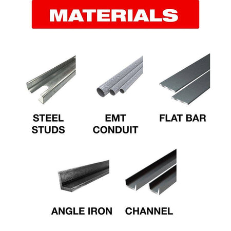 An informational infographic chart displaying various metallic construction materials compatible with the Diablo Steel Demon saw blade featuring isolated 3D graphics of steel studs, EMT conduit, flat bar, angle iron, and structural channel under a red header titled MATERIALS.