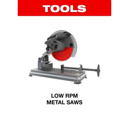 An application graphic showing the red Diablo Steel Demon circular saw blade mounted inside a gray benchtop low RPM metal chop saw beneath a red block header titled TOOLS to demonstrate recommended equipment compatibility.