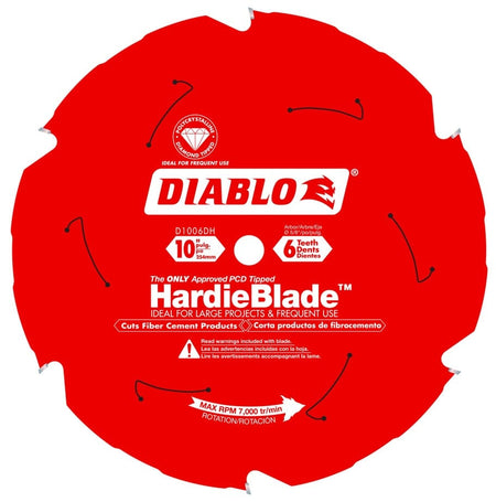 Diablo D1006DH 10-inch HardieBlade saw blade with 6 teeth; labeled for fiber cement cutting and frequent use.
