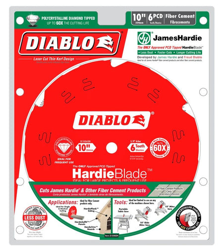 Retail packaging for Diablo 10-inch HardieBlade saw blade; highlights PCD tips and James Hardie approval.