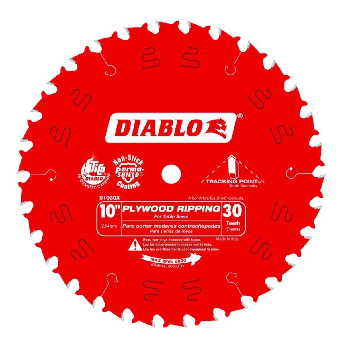 Front view of the Diablo D1030X 10-inch 30-tooth plywood ripping saw blade featuring a red Perma-SHIELD non-stick coating, TiCo Hi-Density carbide teeth, and specialized Tracking Point tooth geometry for straight, accurate rips.
