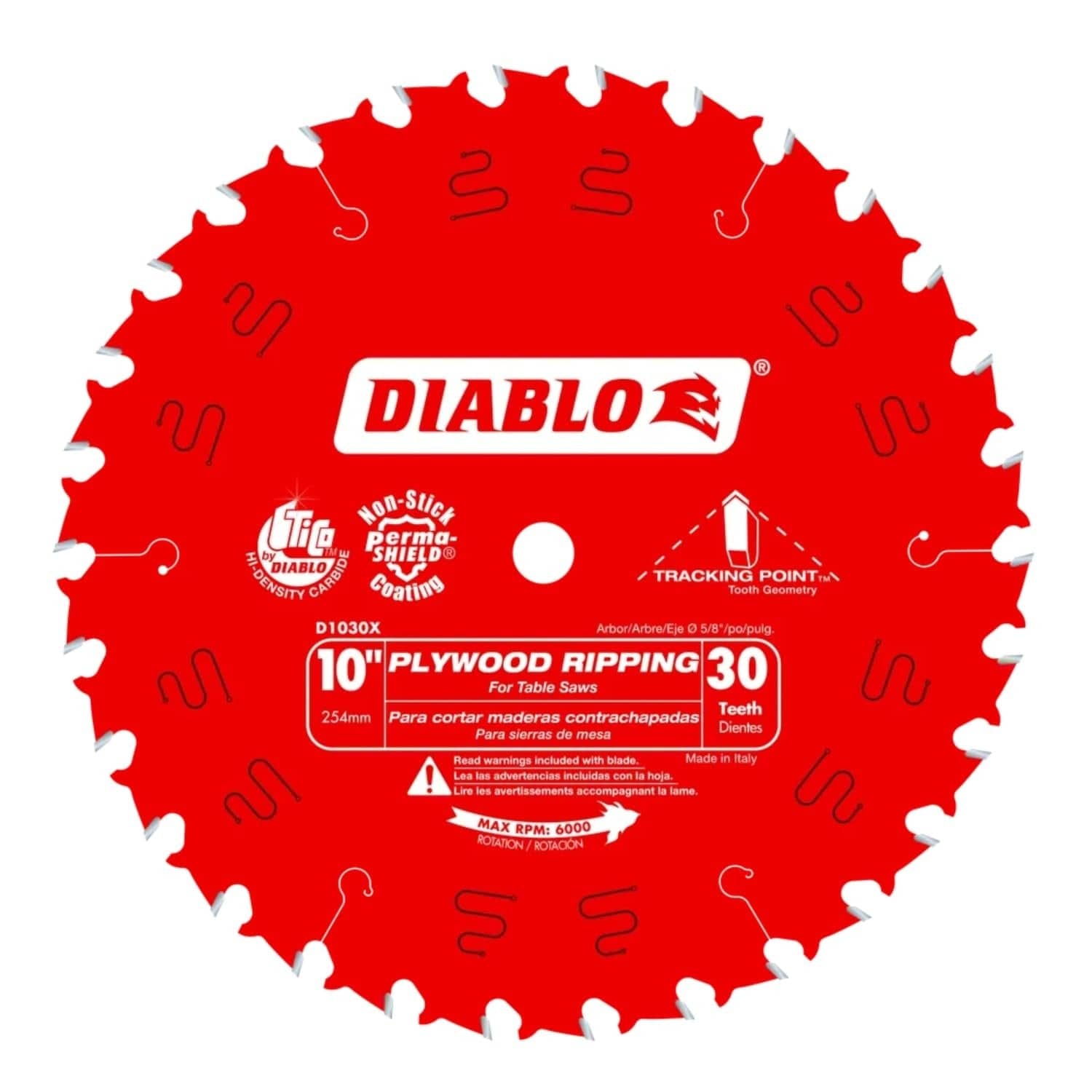Front view of the Diablo D1030X 10-inch 30-tooth plywood ripping saw blade featuring a red Perma-SHIELD non-stick coating, TiCo Hi-Density carbide teeth, and specialized Tracking Point tooth geometry for straight, accurate rips.