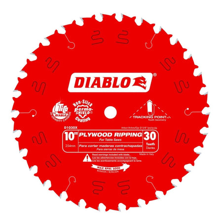 Front view of the Diablo D1030X 10-inch 30-tooth plywood ripping saw blade featuring a red Perma-SHIELD non-stick coating, TiCo Hi-Density carbide teeth, and specialized Tracking Point tooth geometry for straight, accurate rips.