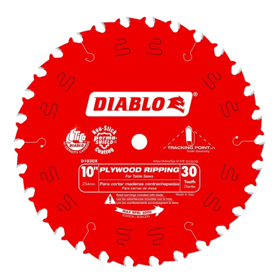 Front view of the Diablo D1030X 10-inch 30-tooth plywood ripping saw blade featuring a red Perma-SHIELD non-stick coating, TiCo Hi-Density carbide teeth, and specialized Tracking Point tooth geometry for straight, accurate rips.