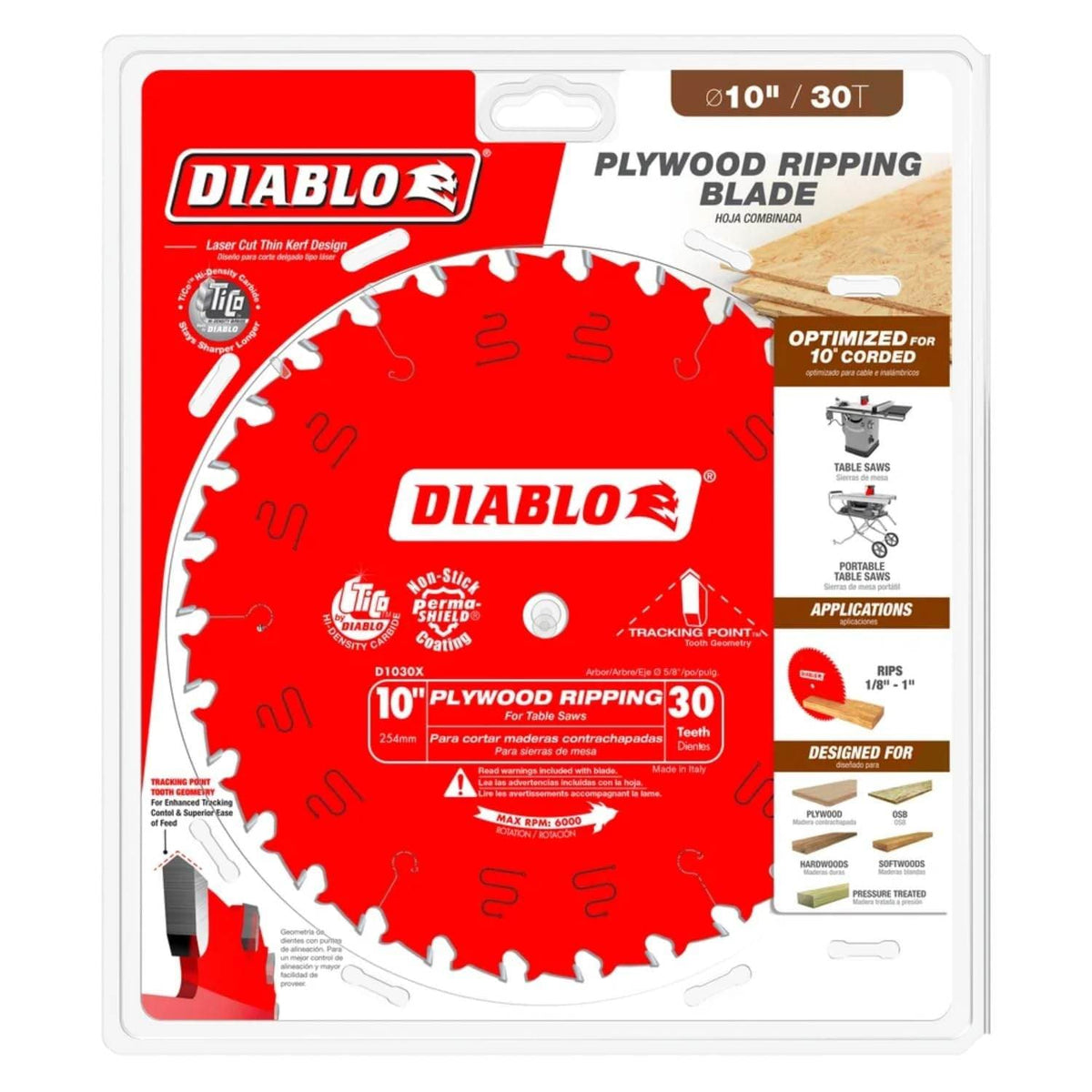 Retail packaging for the Diablo D1030X 10-inch circular saw blade highlighting its optimization for corded and cordless table saws, compatibility with plywood, OSB, and pressure-treated wood, and its 1/8-inch to 1-inch ripping capacity.