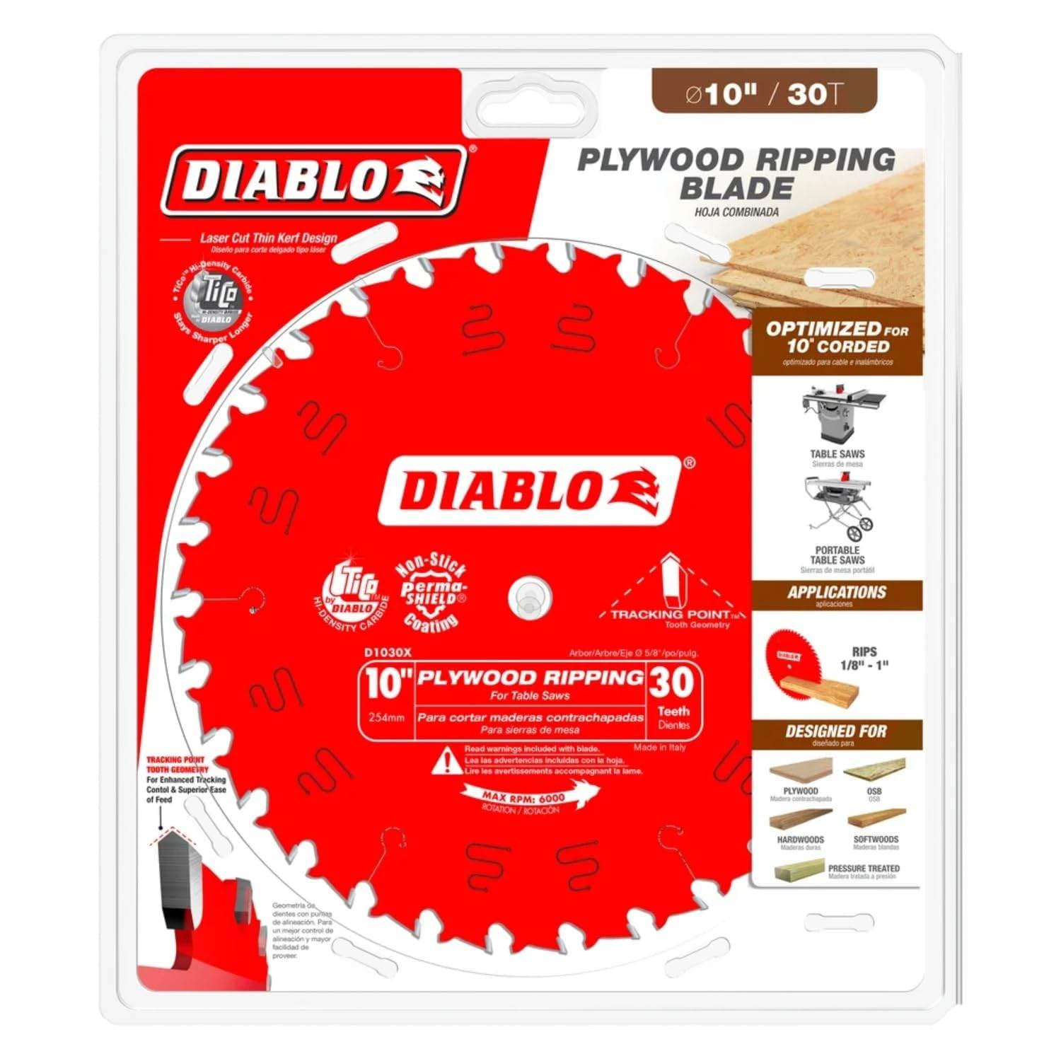 Retail packaging for the Diablo D1030X 10-inch circular saw blade highlighting its optimization for corded and cordless table saws, compatibility with plywood, OSB, and pressure-treated wood, and its 1/8-inch to 1-inch ripping capacity.