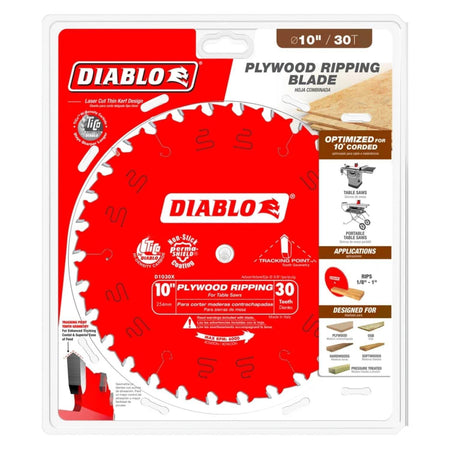 Retail packaging for the Diablo D1030X 10-inch circular saw blade highlighting its optimization for corded and cordless table saws, compatibility with plywood, OSB, and pressure-treated wood, and its 1/8-inch to 1-inch ripping capacity.