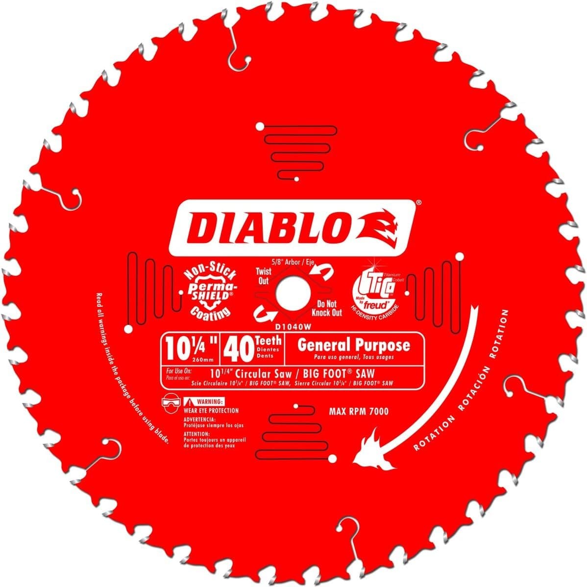 Front view of the Diablo D1040W 10-1/4 inch 40-tooth carbide beam saw blade featuring a red Perma-SHIELD non-stick coating and a 5/8 inch diamond knockout arbor for wormdrive saws.