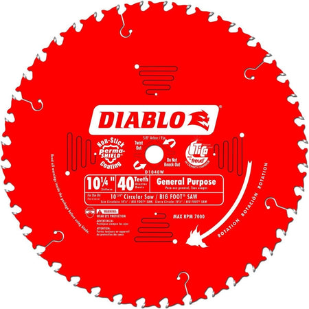 Front view of the Diablo D1040W 10-1/4 inch 40-tooth carbide beam saw blade featuring a red Perma-SHIELD non-stick coating and a 5/8 inch diamond knockout arbor for wormdrive saws.