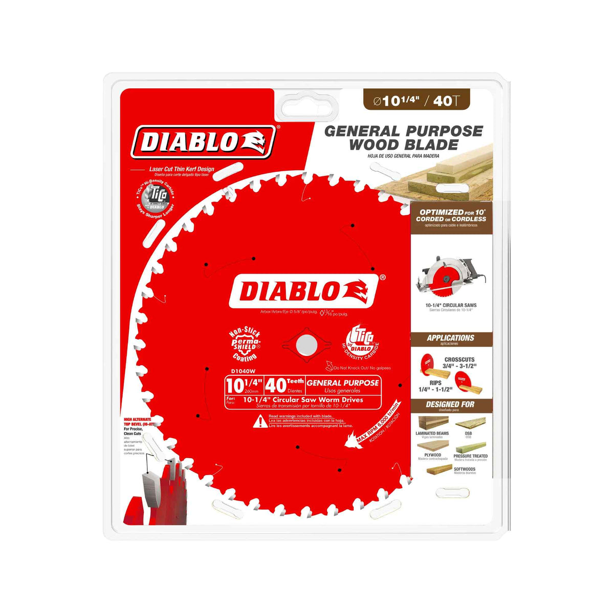 Retail packaging for the Diablo 10-1/4 inch general purpose wood blade highlighting its optimization for corded or cordless circular saws and its ability to cut laminated beams, OSB, and pressure-treated lumber.