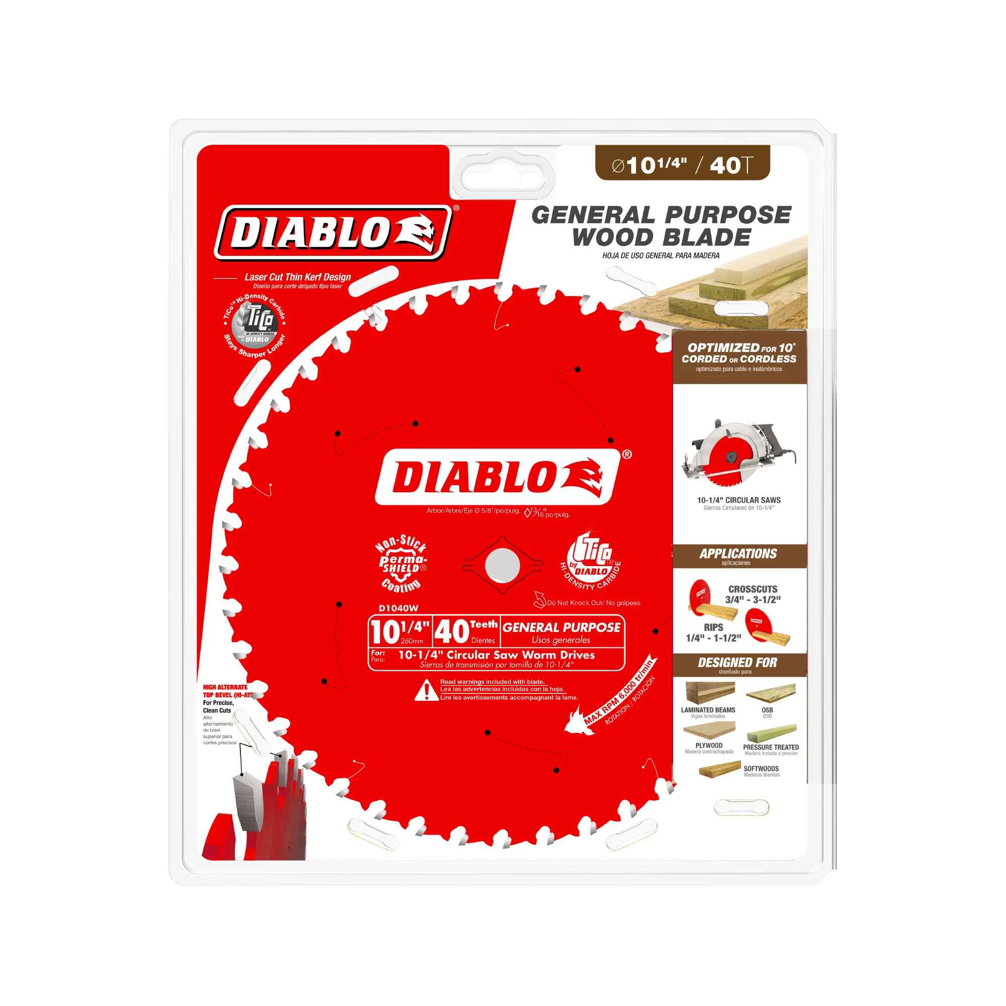 Retail packaging for the Diablo 10-1/4 inch general purpose wood blade highlighting its optimization for corded or cordless circular saws and its ability to cut laminated beams, OSB, and pressure-treated lumber.