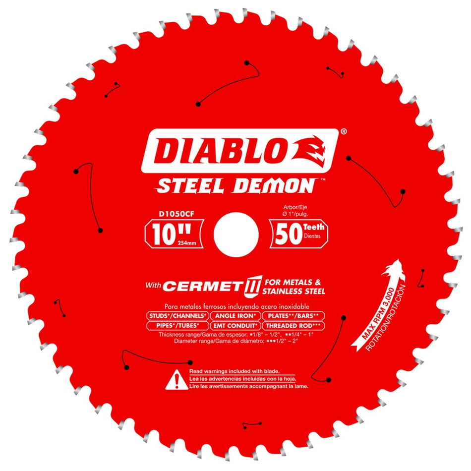 Front view of the Diablo D1050CF 10-inch 50-tooth Steel Demon Cermet II saw blade, featuring a red Perma-SHIELD coating and specialized Cermet II teeth for high-performance cutting in stainless steel and ferrous metals.