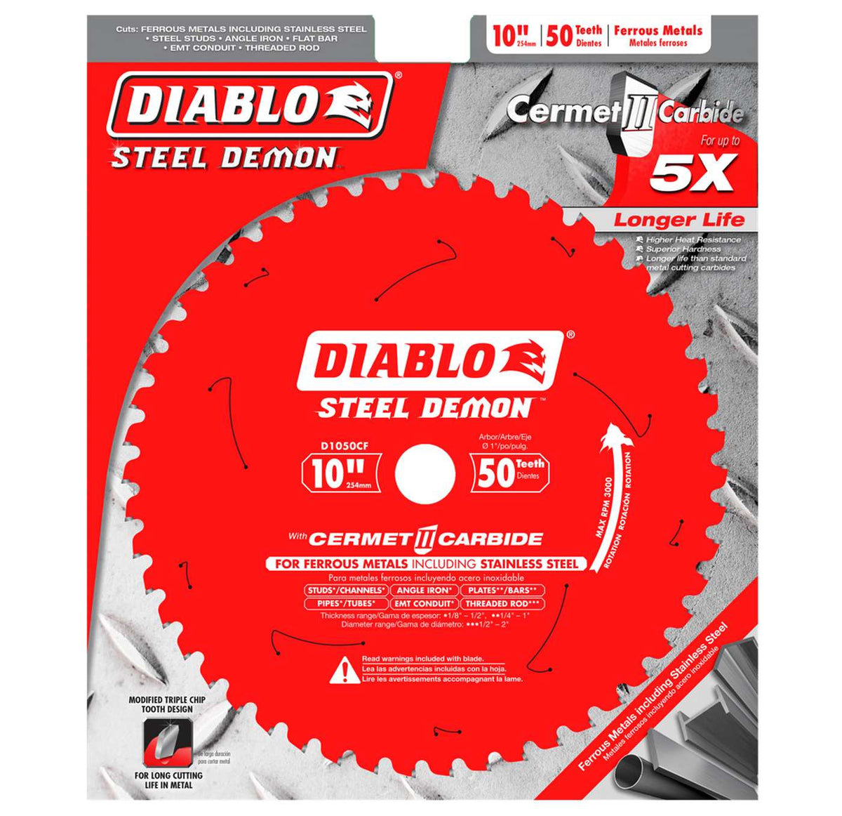 Retail packaging for the Diablo 10-inch Steel Demon metal cutting blade, highlighting the Cermet II Carbide technology that delivers up to 5X longer life and industrial-grade performance in stainless steel and angle iron.
