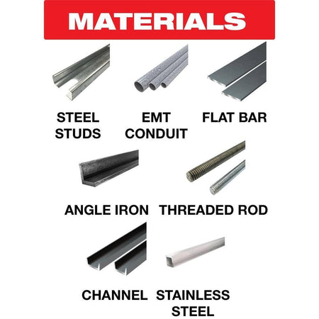 Material application infographic for the Diablo D1050CF saw blade, illustrating its versatility in cutting steel studs, EMT conduit, flat bar, angle iron, threaded rod, channel, and stainless steel.