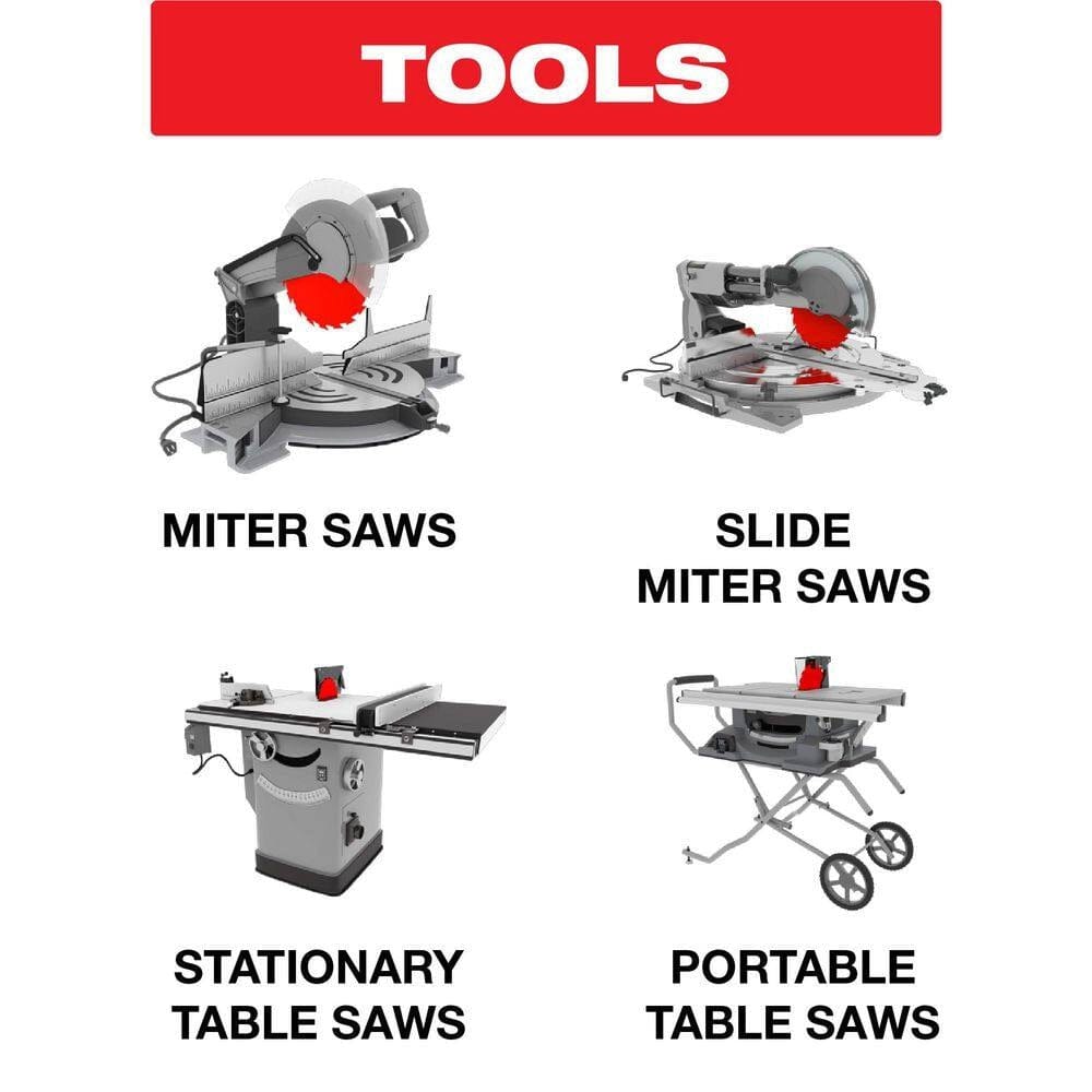 Tool compatibility graphic showing the Diablo 10-inch Steel Demon metal cutting blade is designed for use with miter saws, slide miter saws, stationary table saws, and portable table saws.