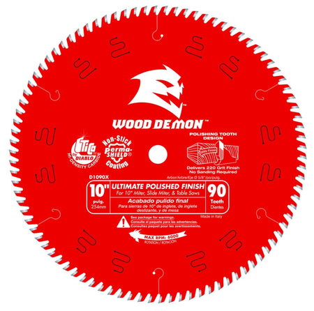 Front view of the Diablo D1090X 10-inch 90-tooth Ultimate Polished Finish circular saw blade featuring the red Perma-SHIELD coating and specialized Axial Shear Face Grind (ASFG) for sandpaper-smooth results.