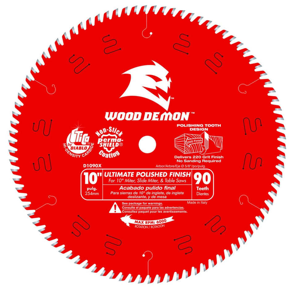 Front view of the Diablo D1090X 10-inch 90-tooth Ultimate Polished Finish circular saw blade featuring the red Perma-SHIELD coating and specialized Axial Shear Face Grind (ASFG) for sandpaper-smooth results.