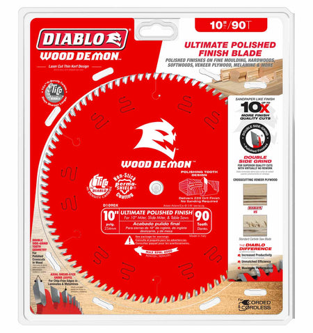 Retail packaging for the Diablo 10-inch 90-tooth Wood Demon blade highlighting the Axial Shear Face Grind technology and double side grind tooth geometry that delivers a 220-grit polished finish.