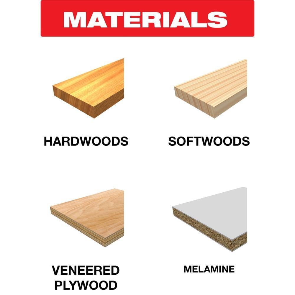Material application infographic for the Diablo D1090X saw blade illustrating its superior performance when cutting hardwoods, softwoods, veneered plywood, and melamine for fine woodworking.
