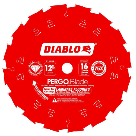 Front view of the red Diablo D1216LF 12-inch PergoBlade featuring 16 Polycrystalline Diamond teeth, laser-cut stabilizer vents, and text specifying it is ideal for cutting laminate flooring.
