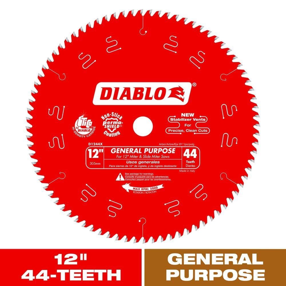 Front view of the red Diablo 12-inch general purpose saw blade featuring 44 carbide teeth, laser-cut stabilizer vents, and Perma-Shield coating labels.