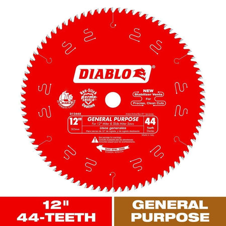 Front view of the red Diablo 12-inch general purpose saw blade featuring 44 carbide teeth, laser-cut stabilizer vents, and Perma-Shield coating labels.