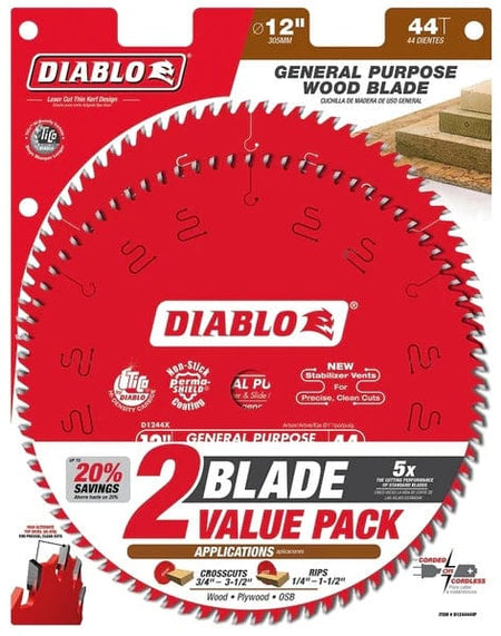 Retail packaging for the Diablo 2-Blade Value Pack featuring a 12-inch 44-tooth general purpose blade and icons for miter saw compatibility and 5X longer life.