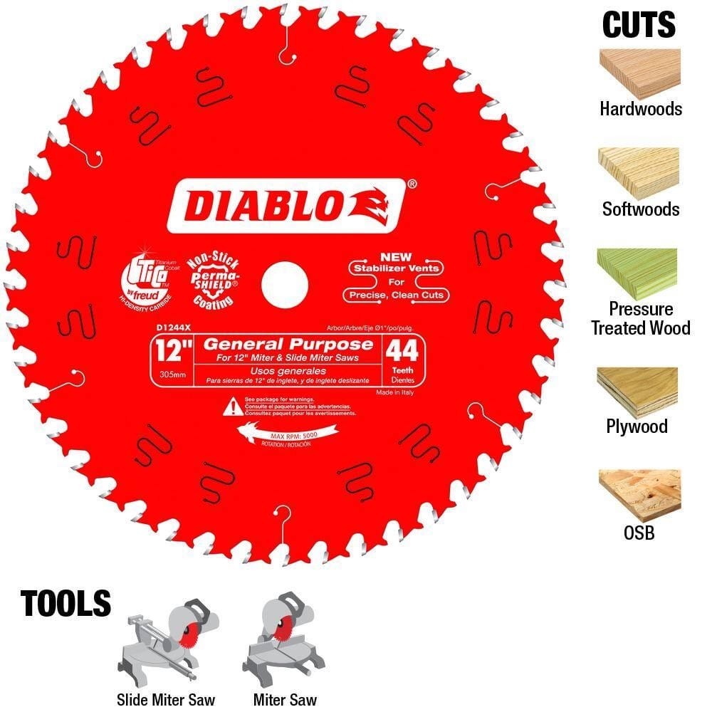Infographic showing the Diablo blade surrounded by material samples including hardwoods, softwoods, pressure treated wood, plywood, and OSB, alongside compatible miter saw icons.