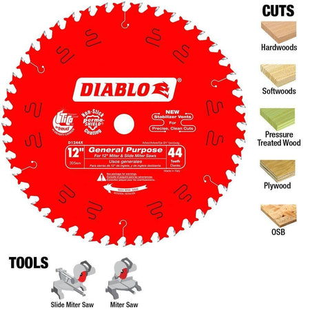 Infographic showing the Diablo blade surrounded by material samples including hardwoods, softwoods, pressure treated wood, plywood, and OSB, alongside compatible miter saw icons.