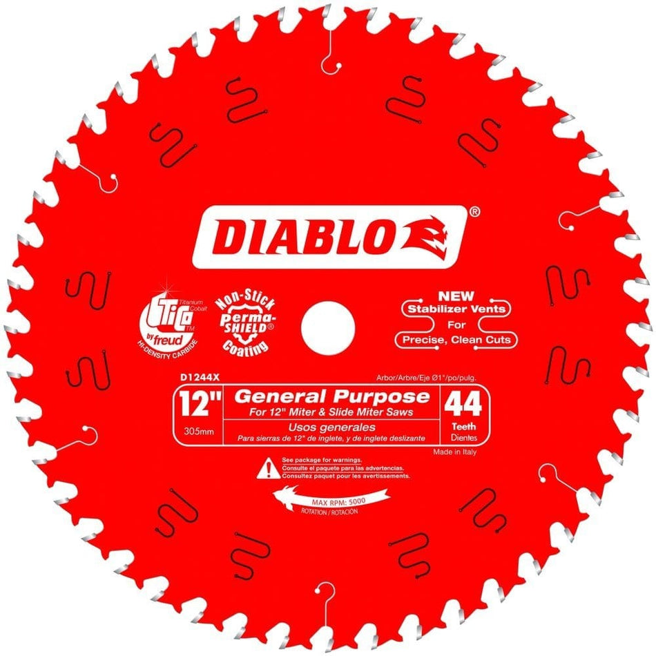 A high-resolution product photograph of the Diablo D1244X 12-inch 44-teeth general purpose circular saw blade featuring a red Perma-SHIELD non-stick coating and high-performance TiCo carbide teeth for smooth wood cutting.