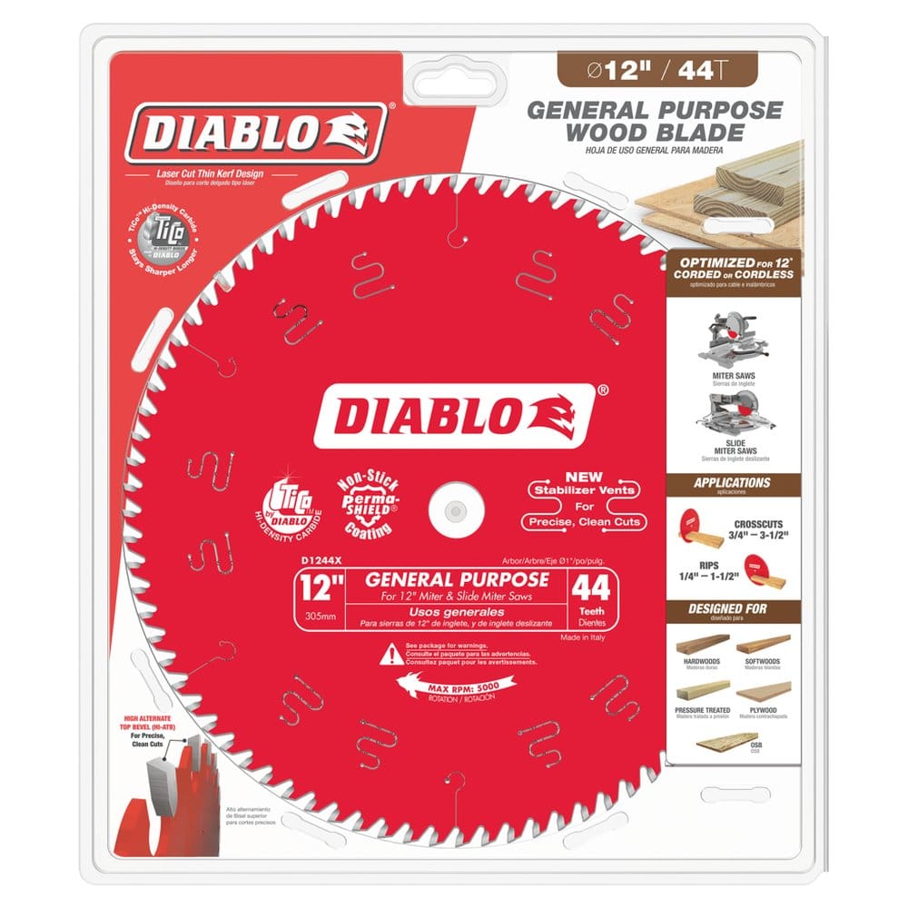 A professional retail packaging shot for the Diablo D1244X 12-inch saw blade highlighting its 44-teeth general purpose design, laser-cut thin kerf, and specialized compatibility with miter and table saws for hardwoods and plywood.