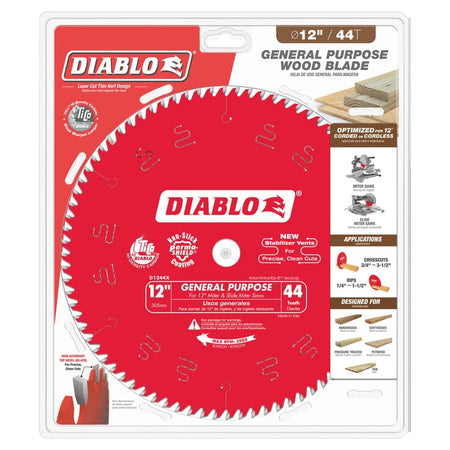 A professional retail packaging shot for the Diablo D1244X 12-inch saw blade highlighting its 44-teeth general purpose design, laser-cut thin kerf, and specialized compatibility with miter and table saws for hardwoods and plywood.