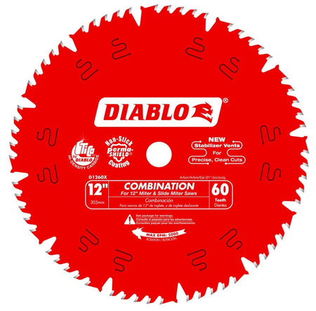 Front view of the red Diablo D1260X 12-inch combination saw blade featuring 60 carbide teeth arranged in groups of five separated by large gullets, with text indicating specifications for ripping and crosscutting.