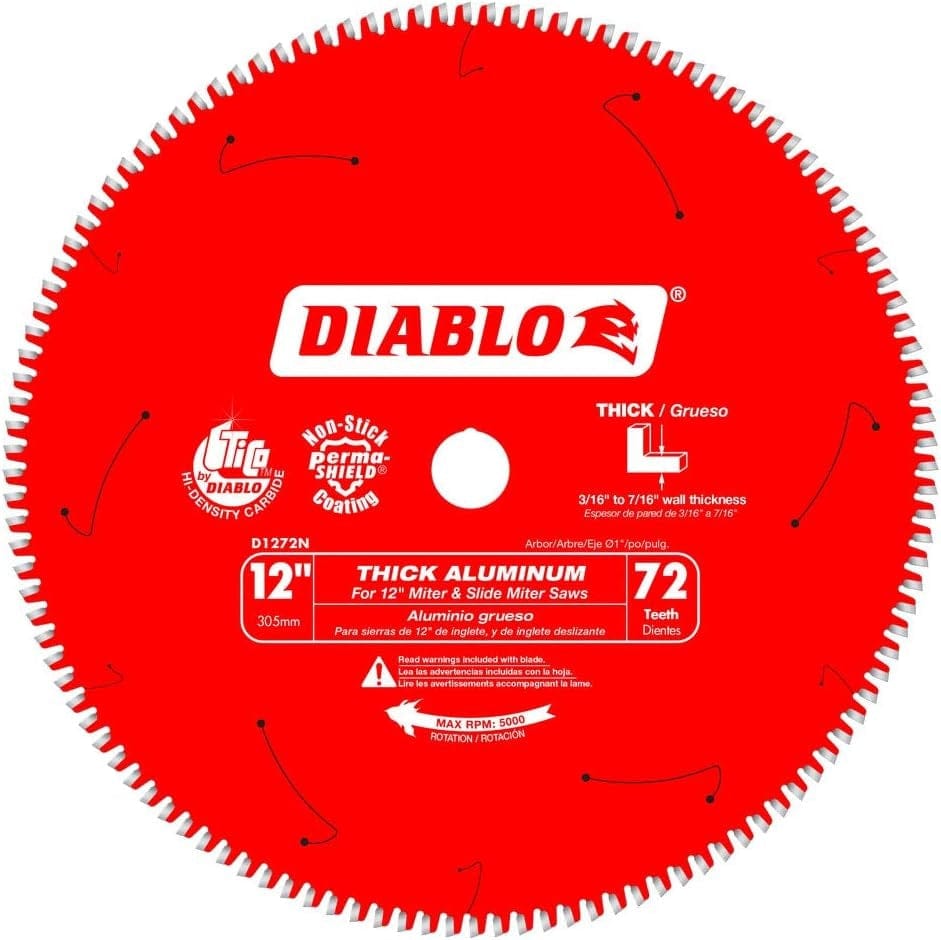 Front view of the red Diablo D1272N 12-inch aluminum cutting saw blade featuring 72 teeth, laser-cut stabilizer vents, and specifications for cutting thick aluminum with wall thickness between 3/16 inch and 7/16 inch.