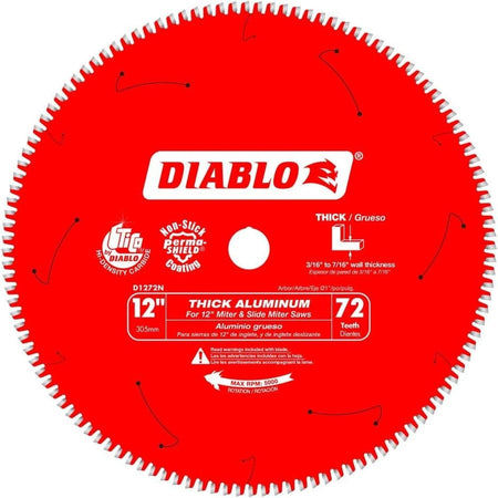 Front view of the red Diablo D1272N 12-inch aluminum cutting saw blade featuring 72 teeth, laser-cut stabilizer vents, and specifications for cutting thick aluminum with wall thickness between 3/16 inch and 7/16 inch.