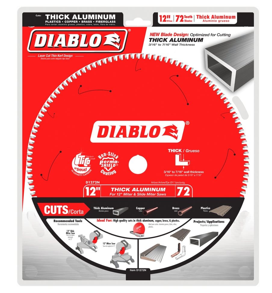 Retail packaging for the Diablo 12-inch Thick Aluminum Blade showing a 72-tooth red blade and listing applications for thick aluminum, plastics, copper, brass, and fiberglass.