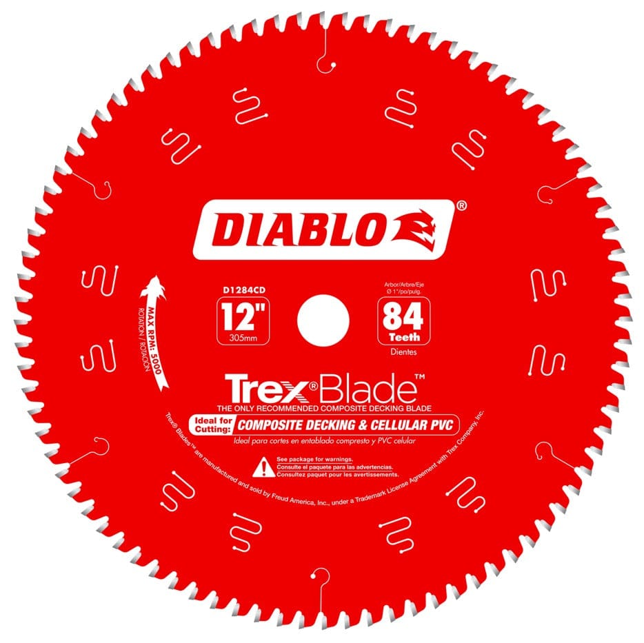 Front view of the red Diablo D1284CD 12-inch TrexBlade featuring 84 teeth, laser-cut stabilizer vents, and text specifying it is the only recommended blade for composite decking and cellular PVC.
