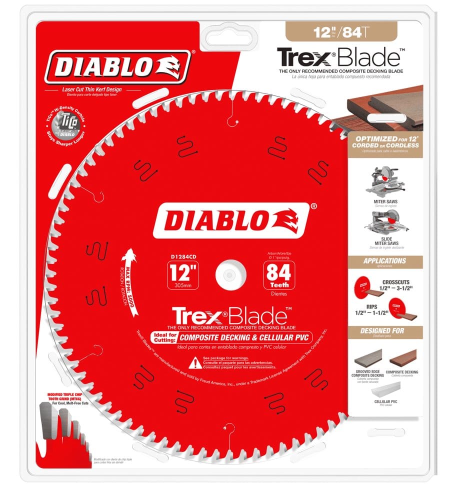 Retail packaging for the Diablo D1284CD 12-inch TrexBlade showing an 84-tooth red blade and listing applications for composite decking and cellular PVC with text highlighting melt-free cuts.