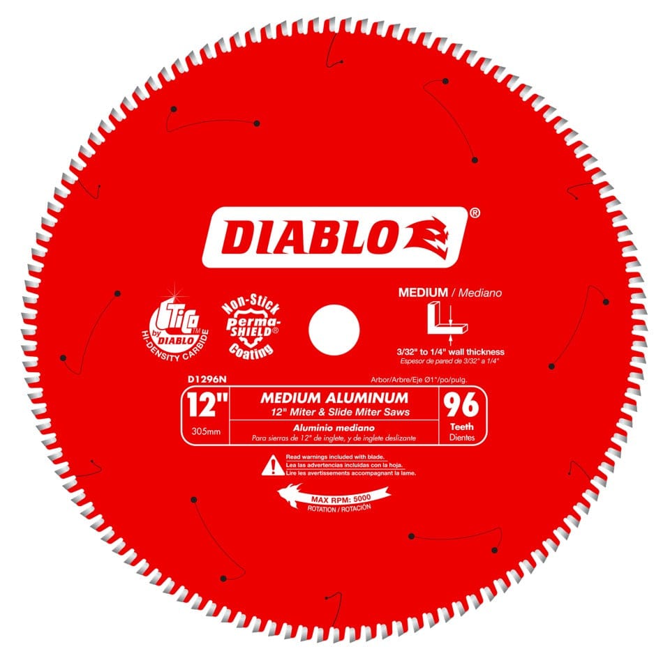Front view of the red Diablo D1296N 12-inch aluminum cutting saw blade featuring 96 carbide teeth, laser-cut stabilizer vents, and specifications for cutting non-ferrous metals.