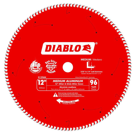 Front view of the red Diablo D1296N 12-inch aluminum cutting saw blade featuring 96 carbide teeth, laser-cut stabilizer vents, and specifications for cutting non-ferrous metals.
