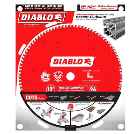 Retail packaging for the Diablo 12-inch Medium Aluminum Blade showing a 96-tooth red blade and listing applications for medium aluminum, plastics, copper, brass, and fiberglass.